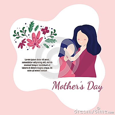 Happy Mother`s Day Daughter Child Flower Floral Gift Card Vector Illustration