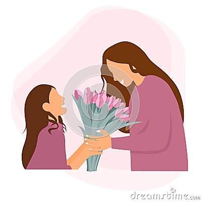 Happy mother's day. Daughter give her mum flowers.Tulips Vector Illustration