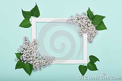 Happy Mother`s Day, Father`s day, Women`s Day or Birthday Pastel Candy Blue Colour Background. Floral flat lay. Stock Photo