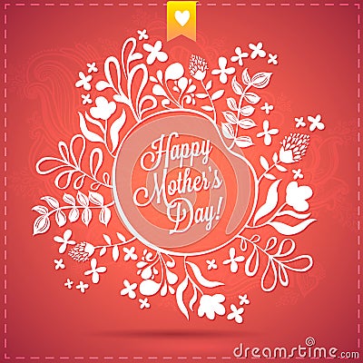 Happy Mother's Day Floral Wreath Blurred Background. Happy Mothers Day Typographical Background With Spring Flowers Vector Illustration