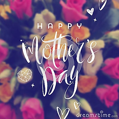 Happy mother`s day - Greeting card. Brush calligraphy greeting and hand drawn hearts on a blurred flowers background. Vector Illustration