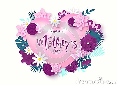 Happy Mother`s Day greeting card design with beautiful blossom flowers, heart, butterflies and lettering. Design layout Vector Illustration