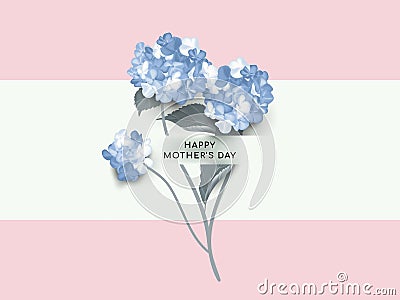 Happy mother`s day greeting card design, minimalist blue hydrangea flowers on pink and blue Vector Illustration