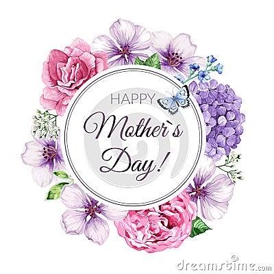 Happy Mother s Day greeting card on floral background. Congratulation card design with flowers and lettering. Vector Illustration