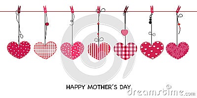 Happy Mother's day greeting card. Hanging cute valentine hearts vector background Vector Illustration