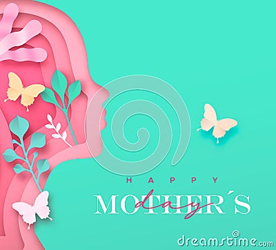 Mother Day paper cut nature leaf woman card Vector Illustration