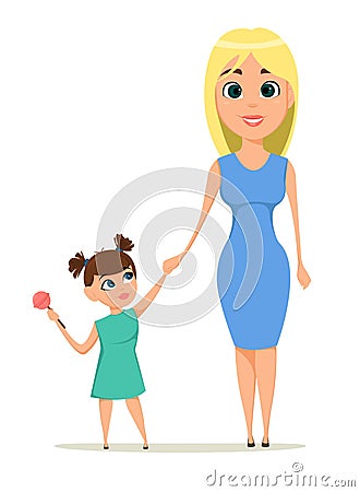 Happy mother`s day greeting card. Mother holding her daughter hand. Vector Illustration