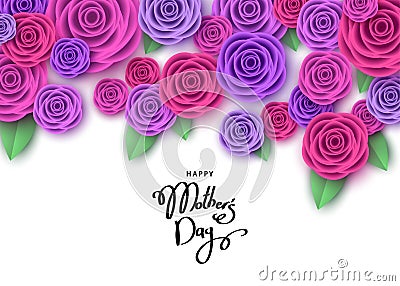 Happy mother`s day greeting card with pink and purple roses. Vector Illustration