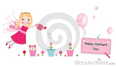 Happy Mother's Day greeting card. Watering flower fairy and balloon vector background Vector Illustration