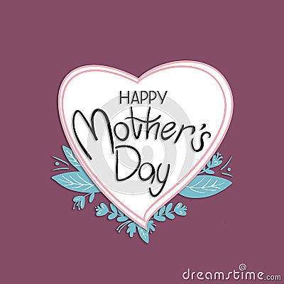 Happy Mother`s Day handwriting greeting on heart shaped blackboard with green leaves on dark pink background. Stock Photo