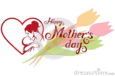 Happy Mother`s day Lettering. Silhouette of a mother and her child. Vector Illustration