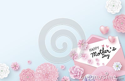 Happy mother`s day message on white paper in envelope and flowers with heart Vector Illustration