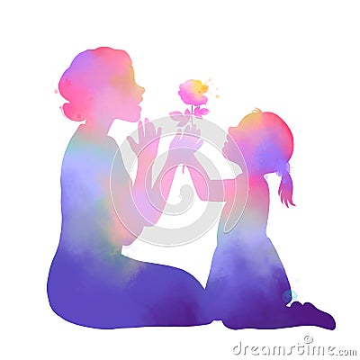 Happy mother`s day. Happy mom with her baby silhouette plus abstract watercolor painting with clipping path Stock Photo