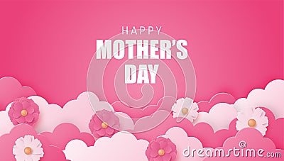 Happy Mother`s day poster or banner with flower and cloud on pink in paper cut style. Shopping promotion template for mother`s d Vector Illustration