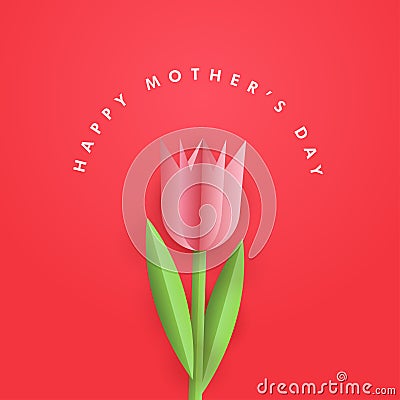 Happy Mother`s Day poster banner with origami paper cut flower, Mothers day greeting wishes red background wallpaper, realistic 3 Vector Illustration