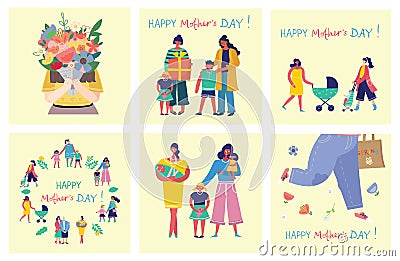 Happy Mother s Day Set of cute and colorful vector illustrations. Kids and their mom, gifts and flowers for the Mother s Vector Illustration