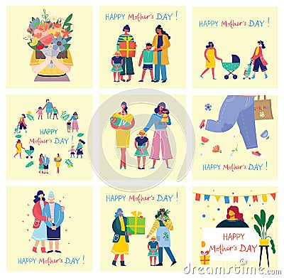 Happy Mother s Day Set of cute and colorful vector illustrations. Kids and their mom, gifts and flowers for the Mother s Vector Illustration