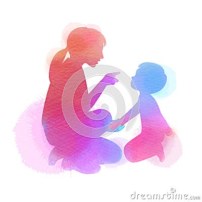 Happy mother`s day. Side view of beautiful woman is scolding her son, silhouette plus abstract watercolor painted. Parenting Vector Illustration