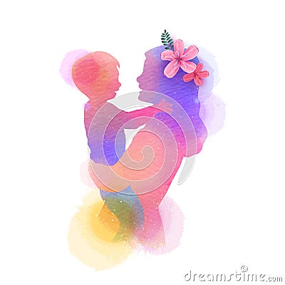 Happy mother`s day. Side view of Happy mom with her child silhouette plus abstract watercolor painted. Double exposure Vector Illustration