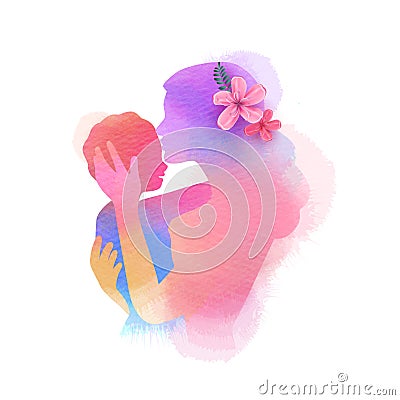 Happy mother`s day. Side view of Happy mom with son silhouette plus abstract watercolor painted. Double exposure illustration. Vector Illustration