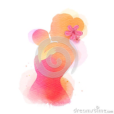 Happy mother`s day. Side view of Happy mom with baby silhouette plus abstract watercolor painted. Double exposure illustration. Vector Illustration