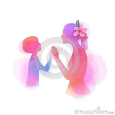 Happy mother`s day. Side view of Happy mom with son silhouette plus abstract watercolor painted. Double exposure illustration. Vector Illustration