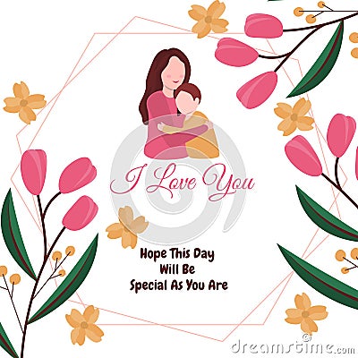 Happy Mother`s Day Son Child Flower Floral Gift Card Vector Illustration