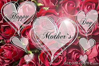 Happy Mother`s Day text decorative floral heart shape Mother card with red roses Stock Photo