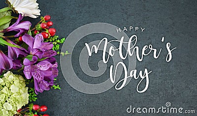 Happy Mother`s Day Text with Flowers Bouquet and Black Texture Background Stock Photo