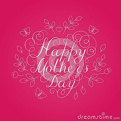 Happy Mother`s Day. White ink calligraphy on pink background. Heart shape. Used for greeting card, poster design. Hand drawn Vector Illustration