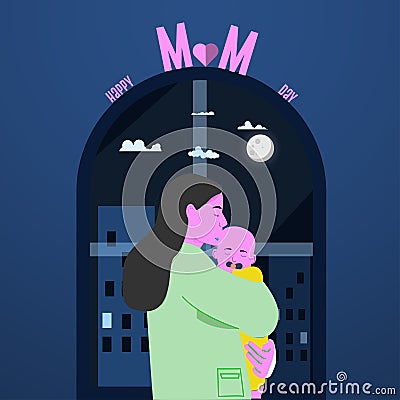 Happy Mother's Day, with a window beside a Mother-hugging baby. Pink paper hearts with text poster, and a bannervector. Vector Illustration