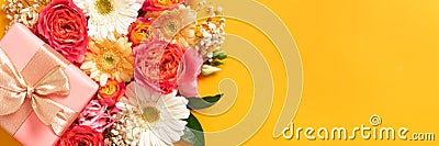 Happy Mother`s Day, Women`s Day, Valentine`s Day or Birthday Living Coral and Yellow Banner. Floral flat lay greeting card. Stock Photo