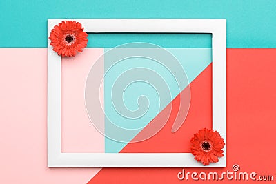 Happy Mother`s Day, Women`s Day, Valentine`s Day or Birthday Living Coral Background. Floral flat lay greeting card. Stock Photo