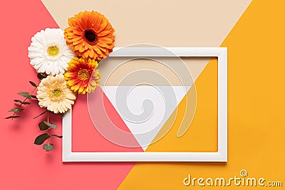 Happy Mother`s Day, Women`s Day, Valentine`s Day or Birthday Living Coral Pantone Color Background. Coral flat lay greeting card. Stock Photo
