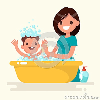 Happy mother washes her baby. Vector illustration in a flat style Cartoon Illustration