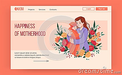 Happy mother website. Young mom hugs daughter. Parent love concept, women and little girl, motherhood banner. Cartoon Vector Illustration