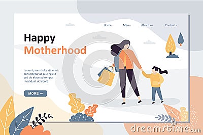 Happy motherhood landing page template. Mother spends time with daughter. Family activities concept Vector Illustration