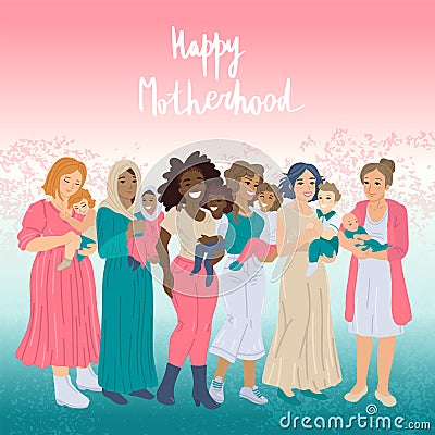 Happy motherhood. Various group of moms with kids. Vector illustration Vector Illustration