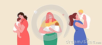 Happy moms holding babies in their arms Vector Illustration