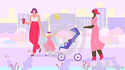 Happy Mothers with Children on Walk in Urban Park Vector Illustration