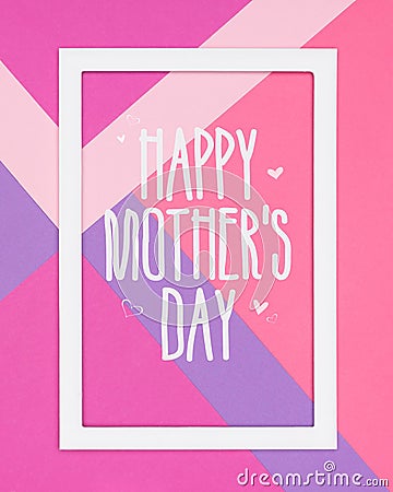 Happy Mothers Day abstract geometrical pastel pink and ultra violet paper flat lay background. Minimalism greeting card. Stock Photo