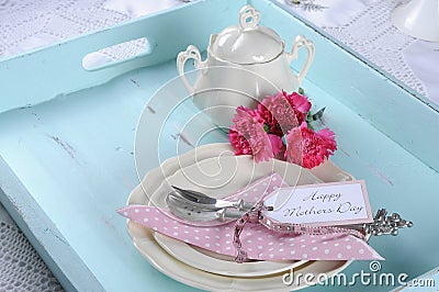 Happy Mothers Day aqua blue breakfast morning tea vintage retro shabby chic tray setting Stock Photo