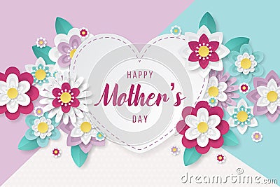 Happy Mothers Day background with beautiful paper cut flowers Vector Illustration