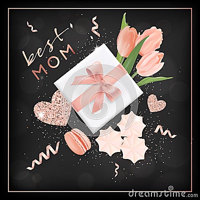 Happy Mothers Day Banner with Flowers. Mother Day Design with Golden Glitter Elements, Gift Box for Greeting Card, Flyer Vector Illustration