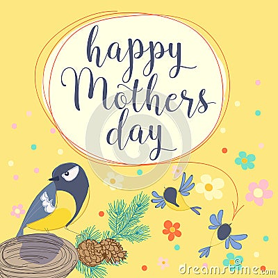 Happy mothers day With bird and flowers. Vector Illustration