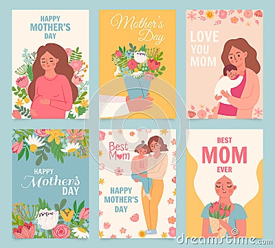 Happy mothers day card. Best mom ever, flower bouquet gift for mother, woman hug baby and daughter. Mothers and children Vector Illustration