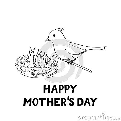 Happy mothers day card template bird mom and chicks in the nest icon, sticker. sketch hand drawn doodle style. minimalism, Stock Photo