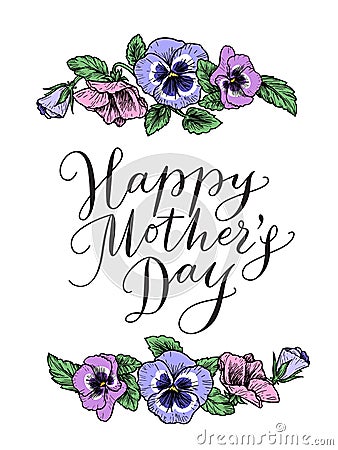 Happy mothers day card with text and frame of vintage botanical Vector Illustration