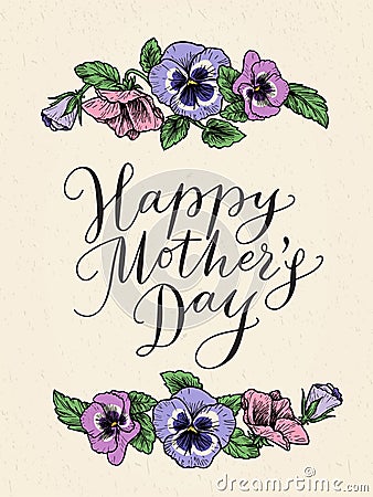 Happy mothers day card with text and frame of vintage botanical Vector Illustration