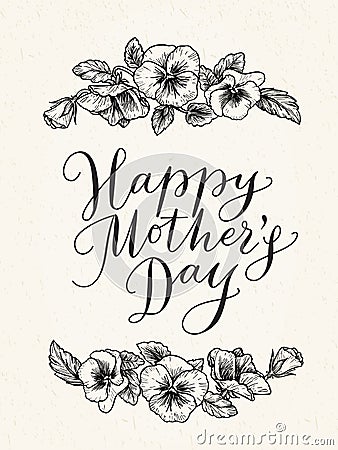 Happy mothers day card with text and frame of vintage botanical Vector Illustration